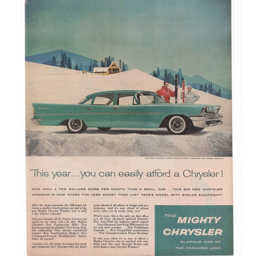 Chrysler Magazine Advertisement 1958 Vintage Windsor Classic Car Ski Automobilia